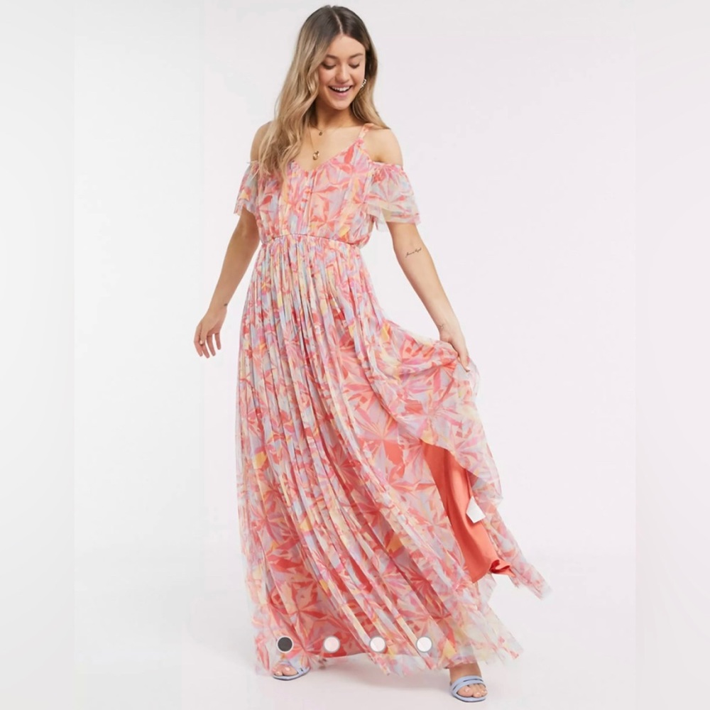 Anaya With Love Cold Shoulder Colorful Printed Pleated Tulle Maxi Dress Size 4